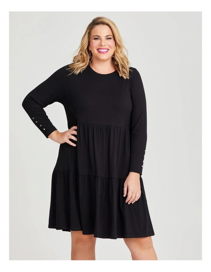 Natural Mini Rib Tiered Dress in Black image 3