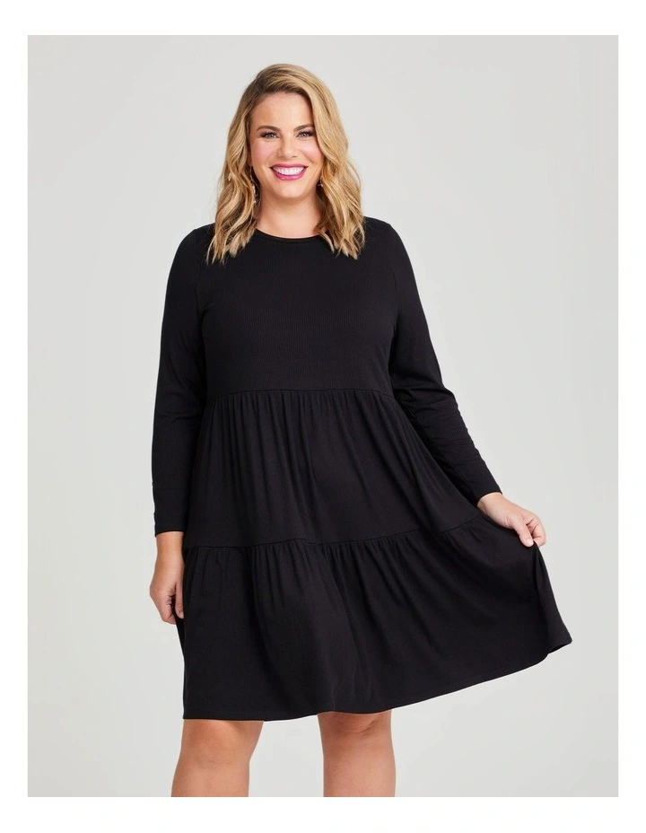 Natural Mini Rib Tiered Dress in Black image 4
