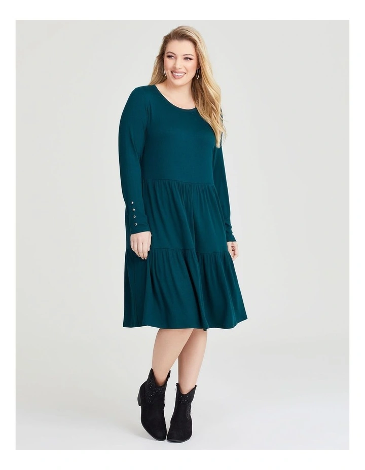 Natural Mini Rib Tiered Dress in Evergreen image 1