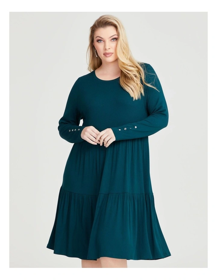 Natural Mini Rib Tiered Dress in Evergreen image 3