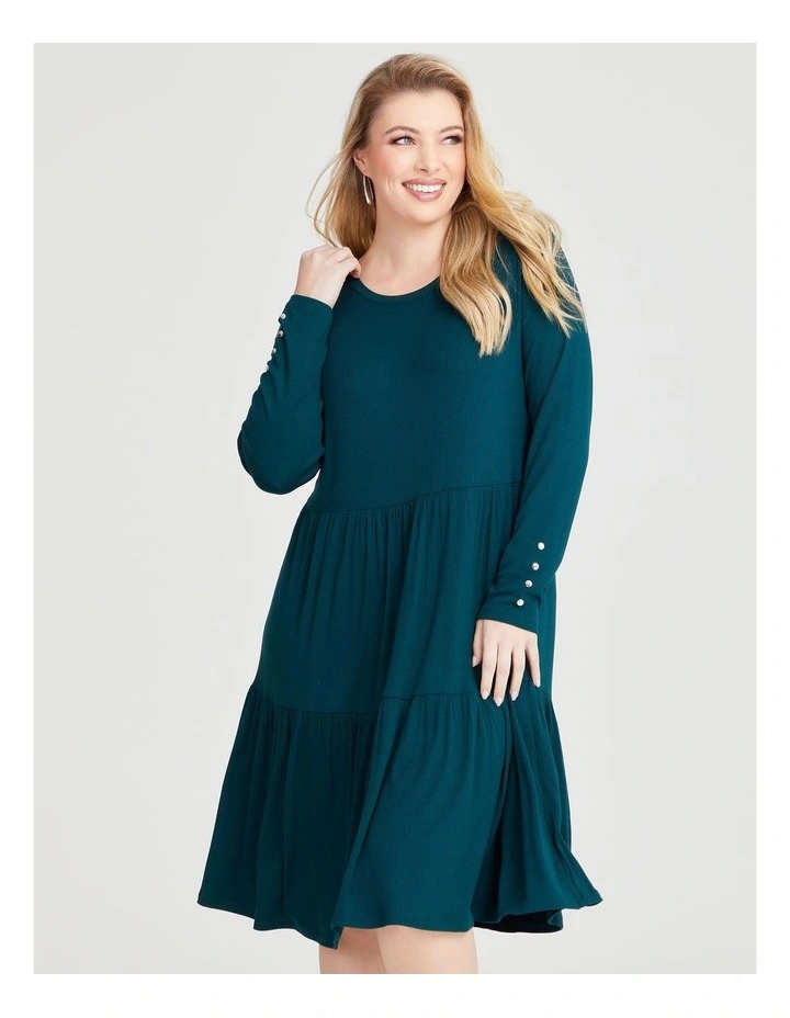 Natural Mini Rib Tiered Dress in Evergreen image 4