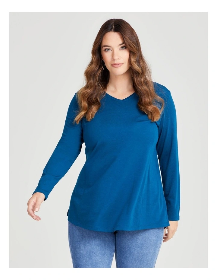 Wool Bamboo V-neck Top in Harbour Blue image 1