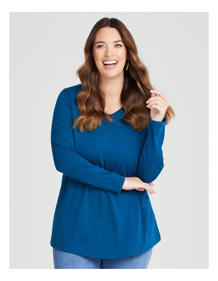 Wool Bamboo V-neck Top in Harbour Blue image 3