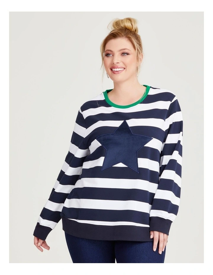 Cotton Stripe Star Sweatshirt in Navy image 1