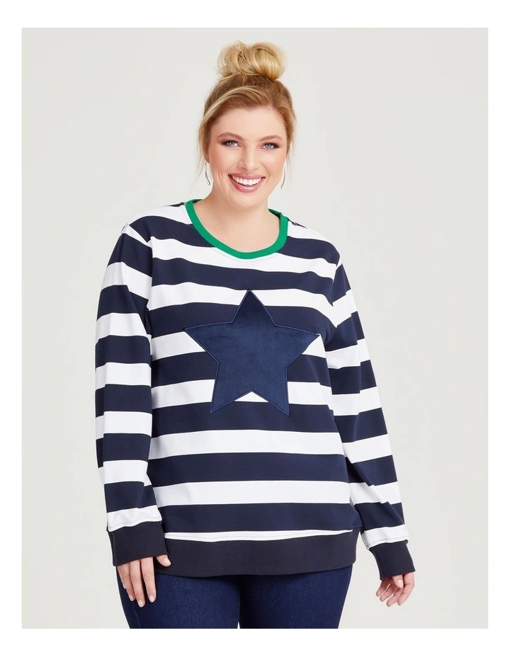 Cotton Stripe Star Sweatshirt in Navy image 3