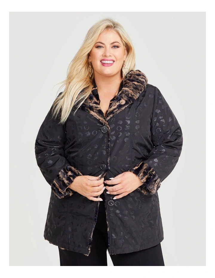 Faux Fur Reversible Spot Coat in Black image 2