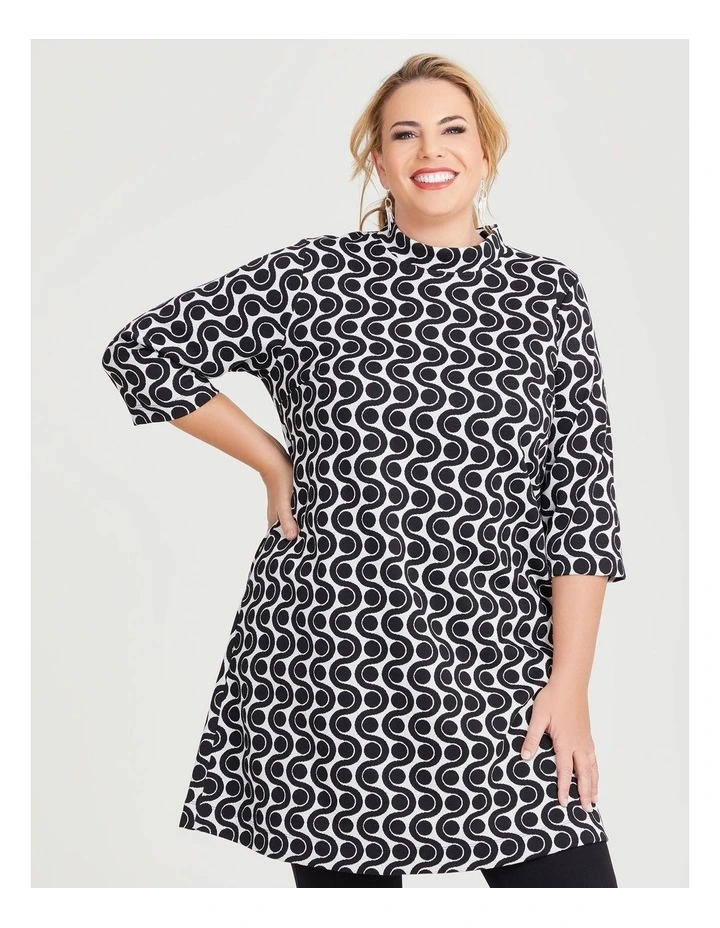 Stretch Geo Pull On Dress in Black/Vanilla image 1