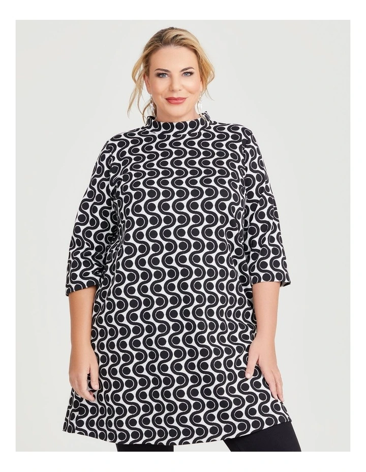 Stretch Geo Pull On Dress in Black/Vanilla image 3