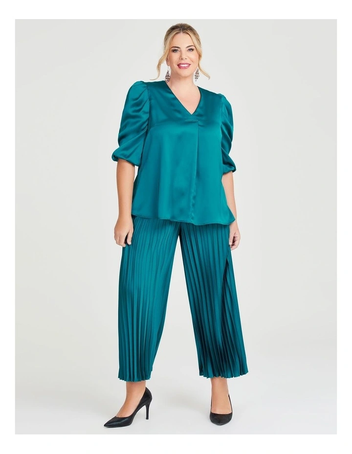 Satin Pleated Wide Leg Pant in Deep Teal image 3