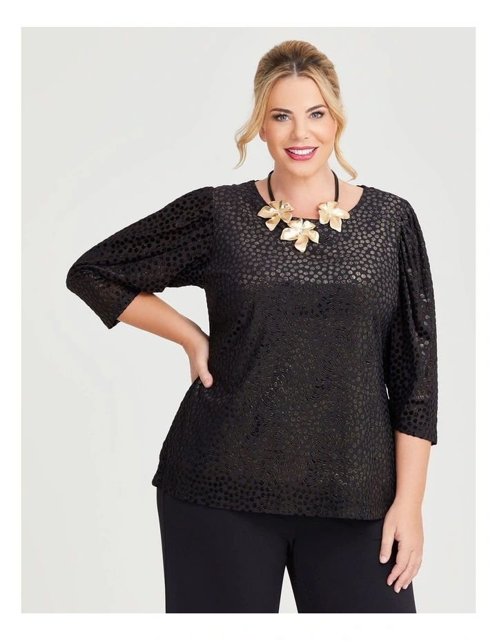 Velvet Spot Puff Sleeve Top in Black/Gold image 1