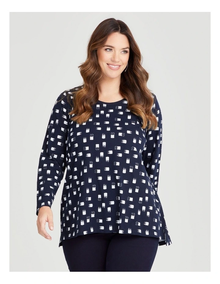 Cotton Brushstroke Print Top in Navy/off White image 1