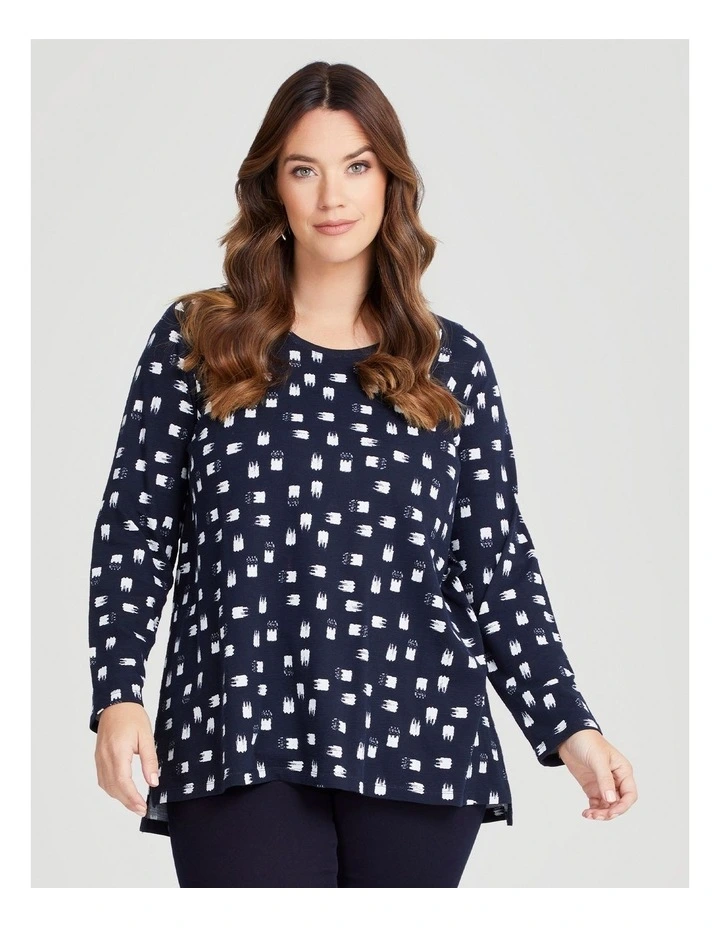 Cotton Brushstroke Print Top in Navy/off White image 3