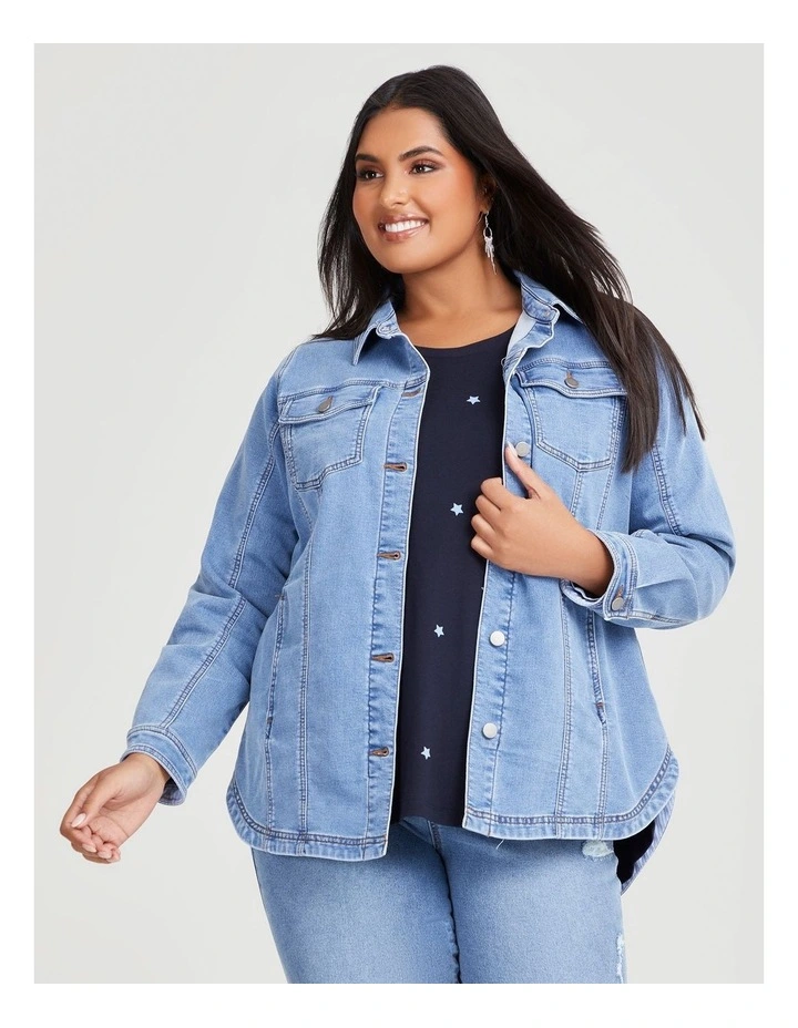 Cotton Curved Hem Denim Shacket in Mid Blue Denim image 1