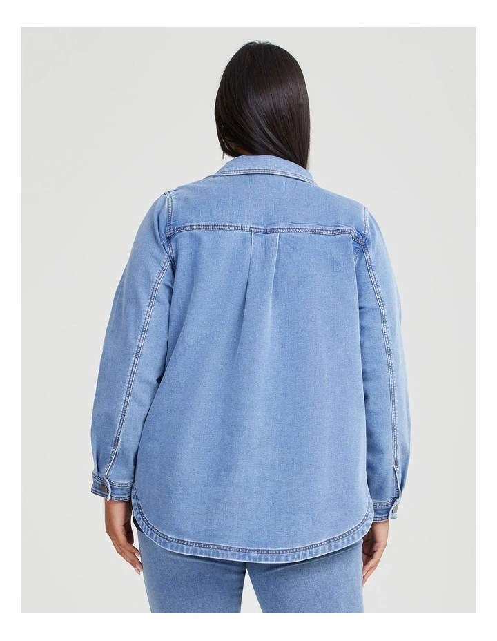 Cotton Curved Hem Denim Shacket in Mid Blue Denim image 2