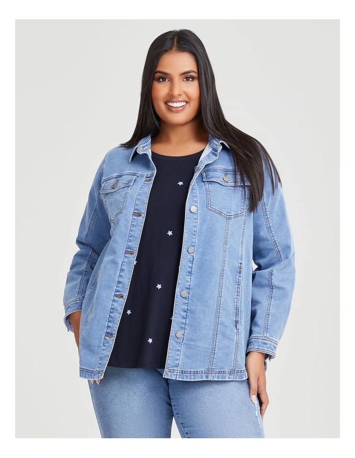 Cotton Curved Hem Denim Shacket in Mid Blue Denim image 3