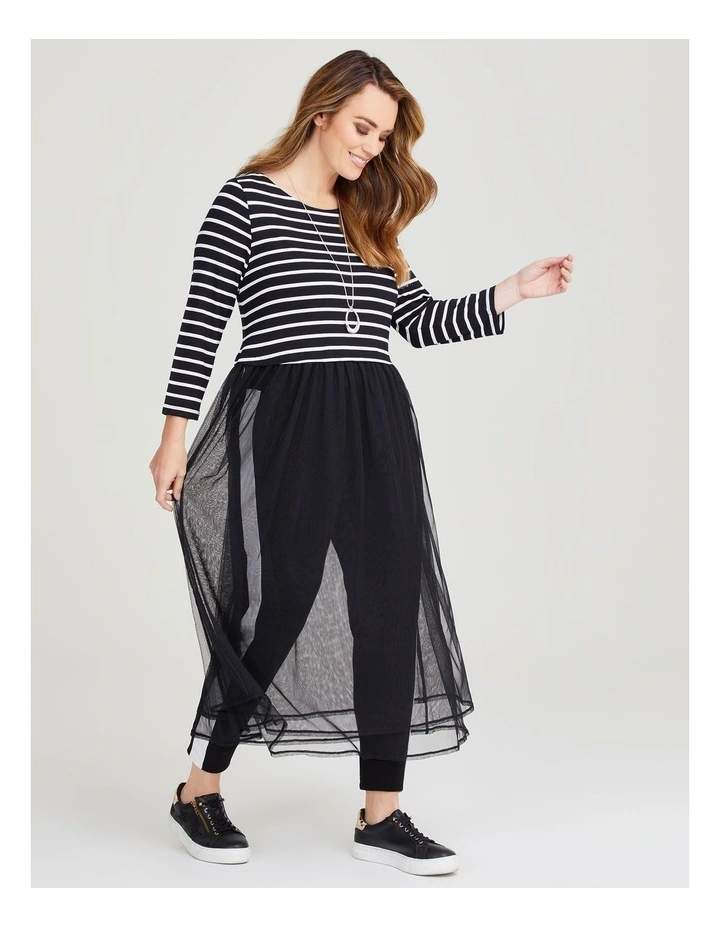 Stripe Centre Stage Mesh Dress in Black image 1