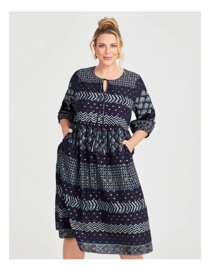 Cotton Printed Lurex Spot Dress in Navy image 1