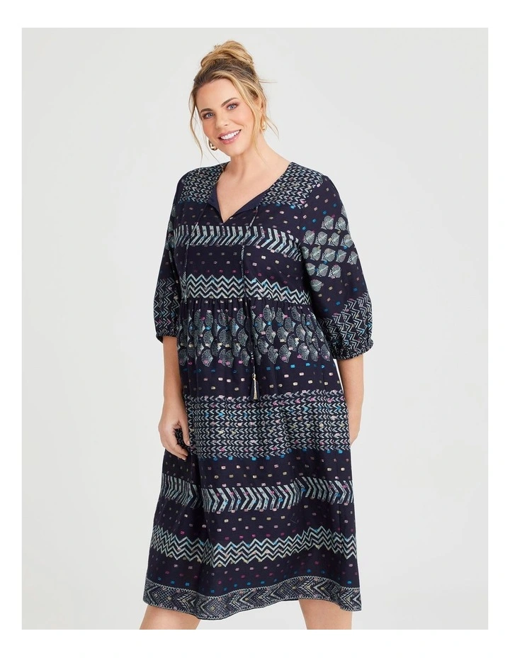 Cotton Printed Lurex Spot Dress in Navy image 4
