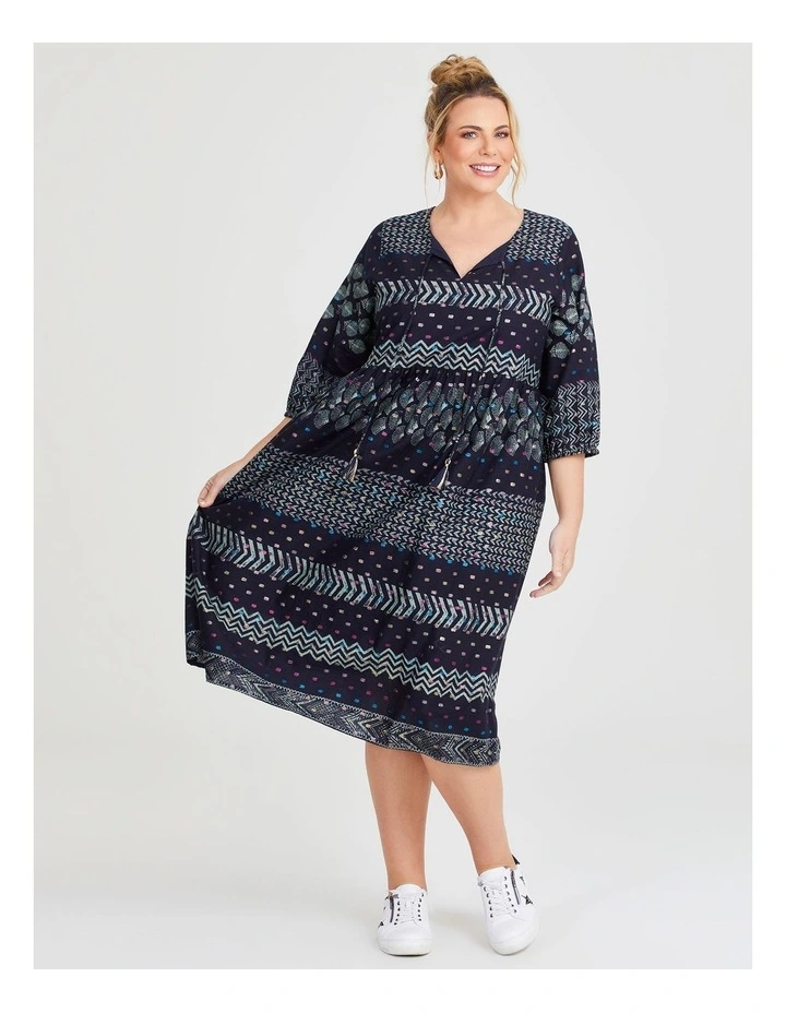 Cotton Printed Lurex Spot Dress in Navy image 5