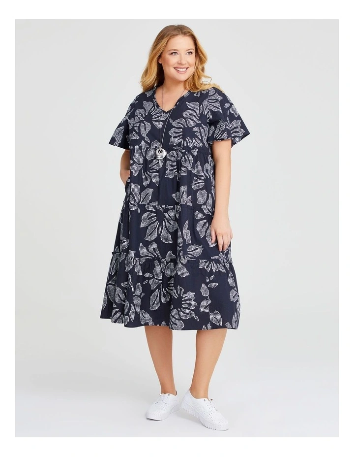 Cotton Floral Gingham Dress in Navy/Off White image 1