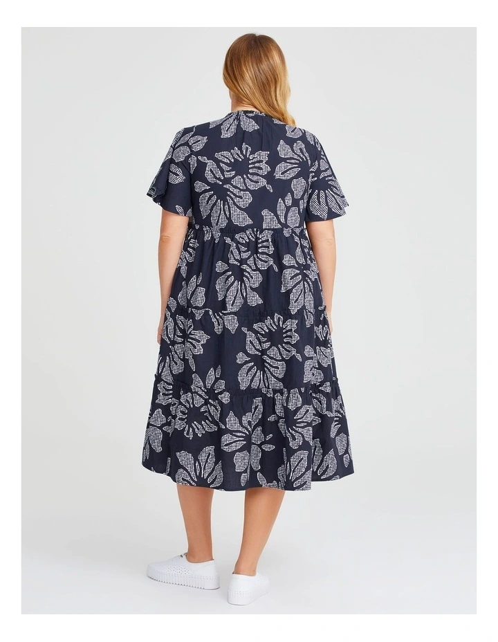 Cotton Floral Gingham Dress in Navy/Off White image 2