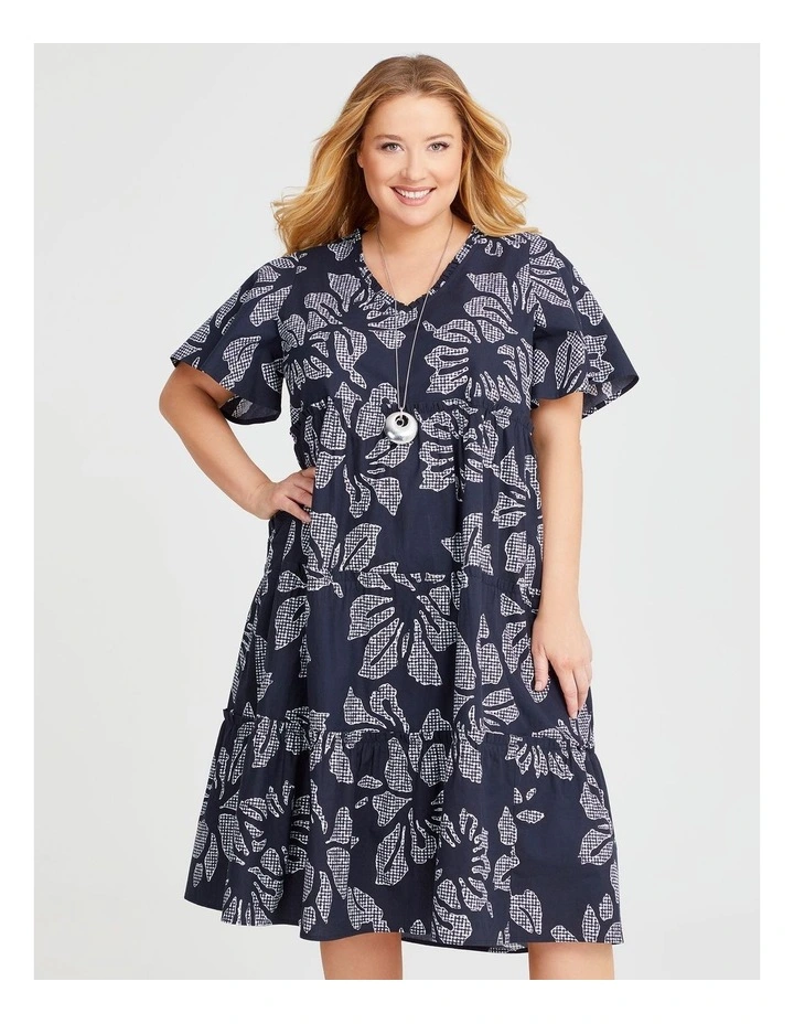 Cotton Floral Gingham Dress in Navy/Off White image 3