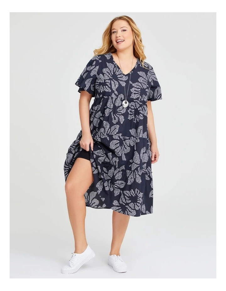 Cotton Floral Gingham Dress in Navy/Off White image 4