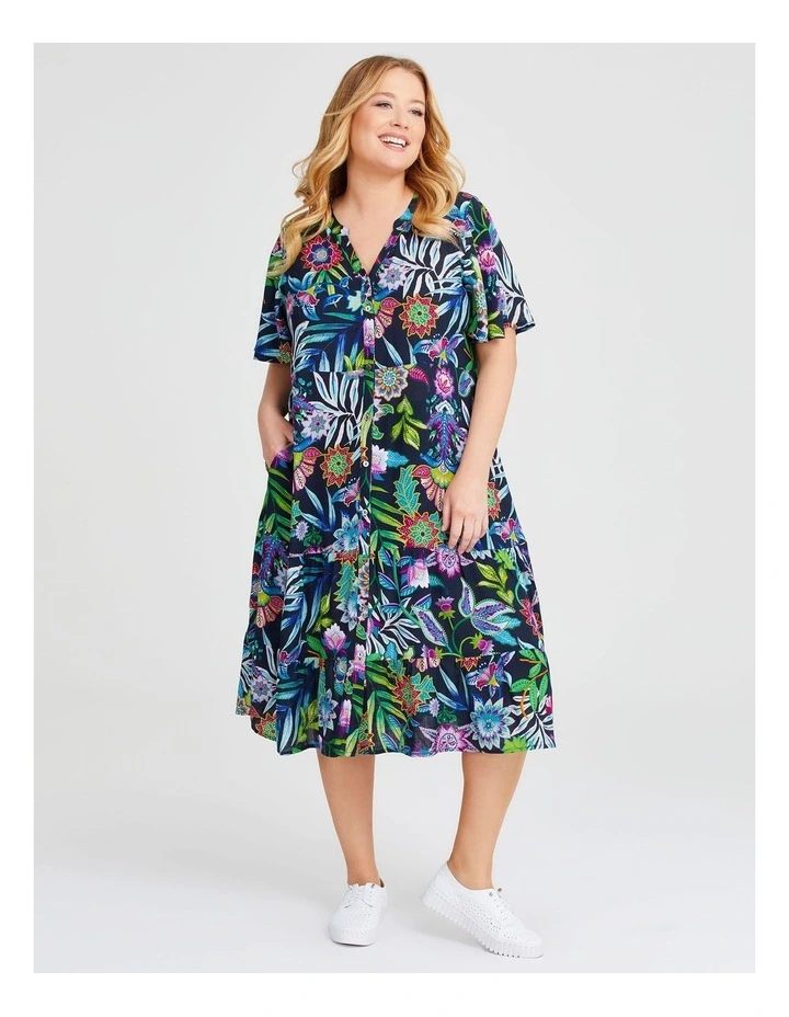 Natural Tropical Button Dress in Print image 1