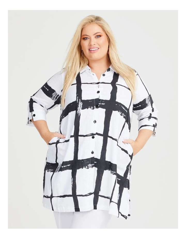 Linen Bamboo Longline Shirt in Black/White Check image 1