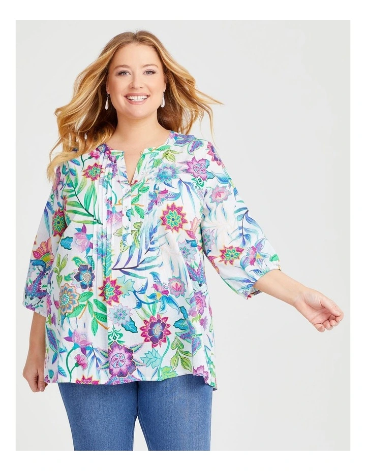 Cotton Palm Pintuck Top in Print image 3