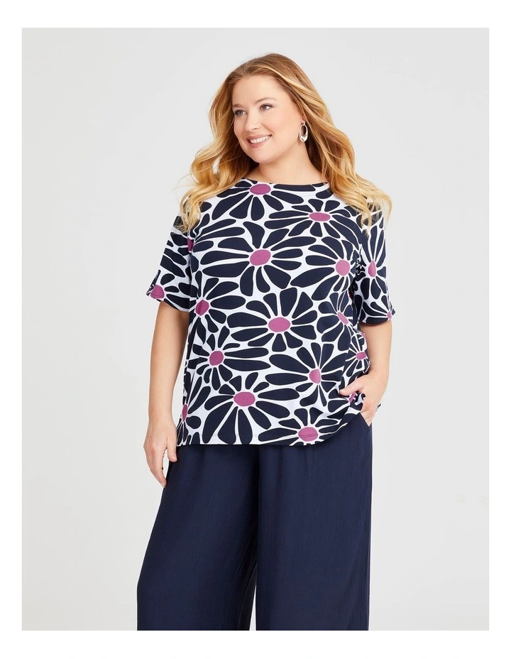 Cotton Abstract Flower T-shirt in Navy Print image 1