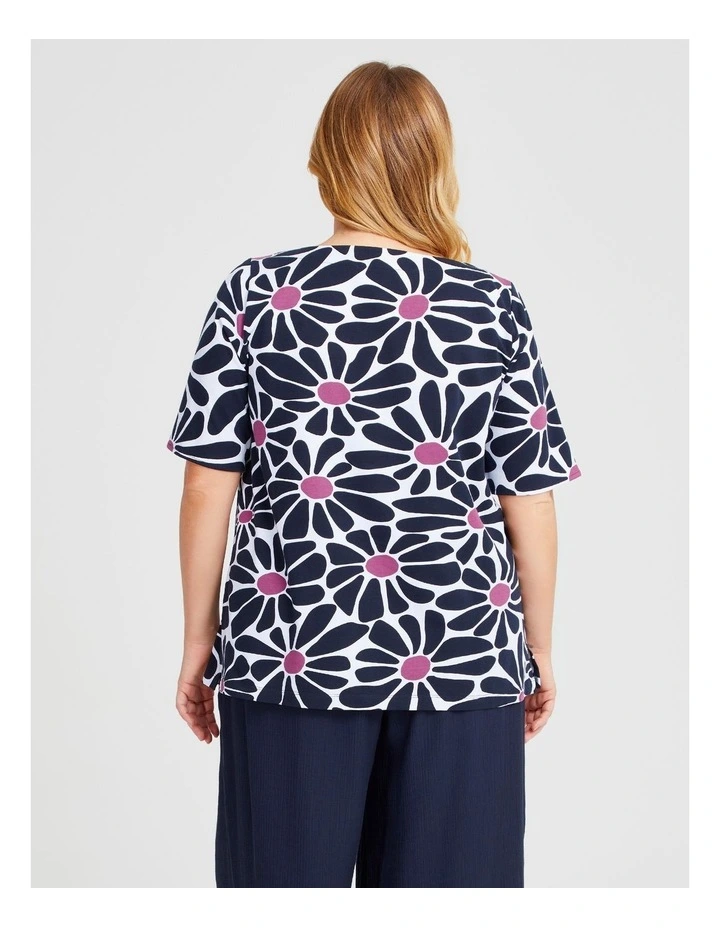 Cotton Abstract Flower T-shirt in Navy Print image 2