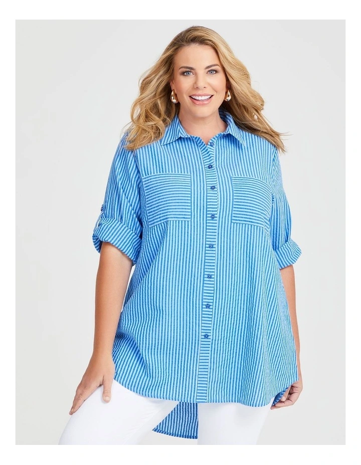 Cotton Seersucker Stripe Shirt in Marina Blue image 1