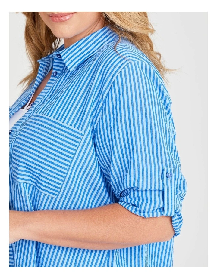 Cotton Seersucker Stripe Shirt in Marina Blue image 3
