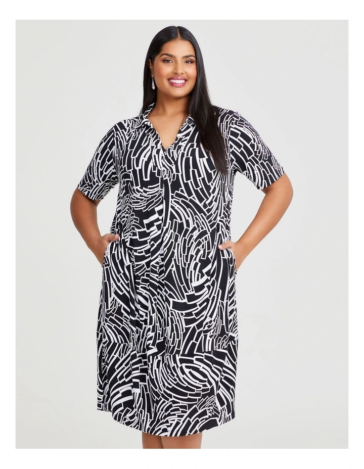 Abstract Luna Collar Tulip Dress in Black/White Print image 3