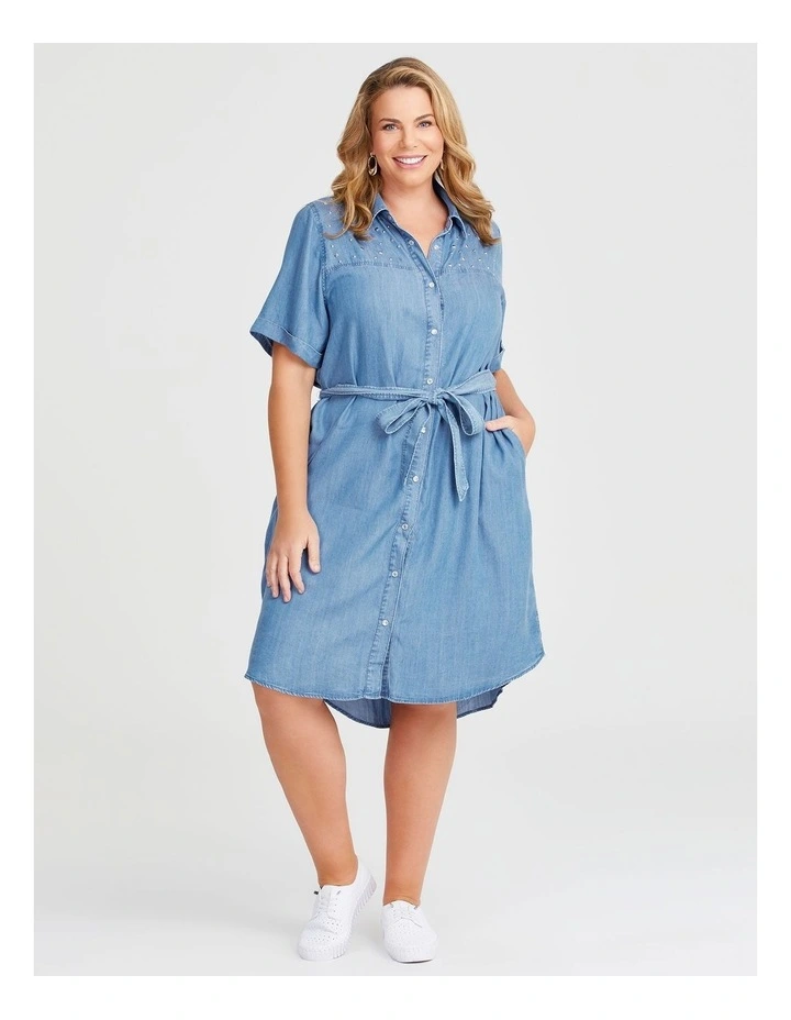 Chambray Embellished Dress in Ocean Blue image 1