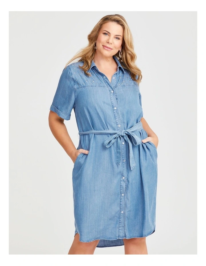 Chambray Embellished Dress in Ocean Blue image 3