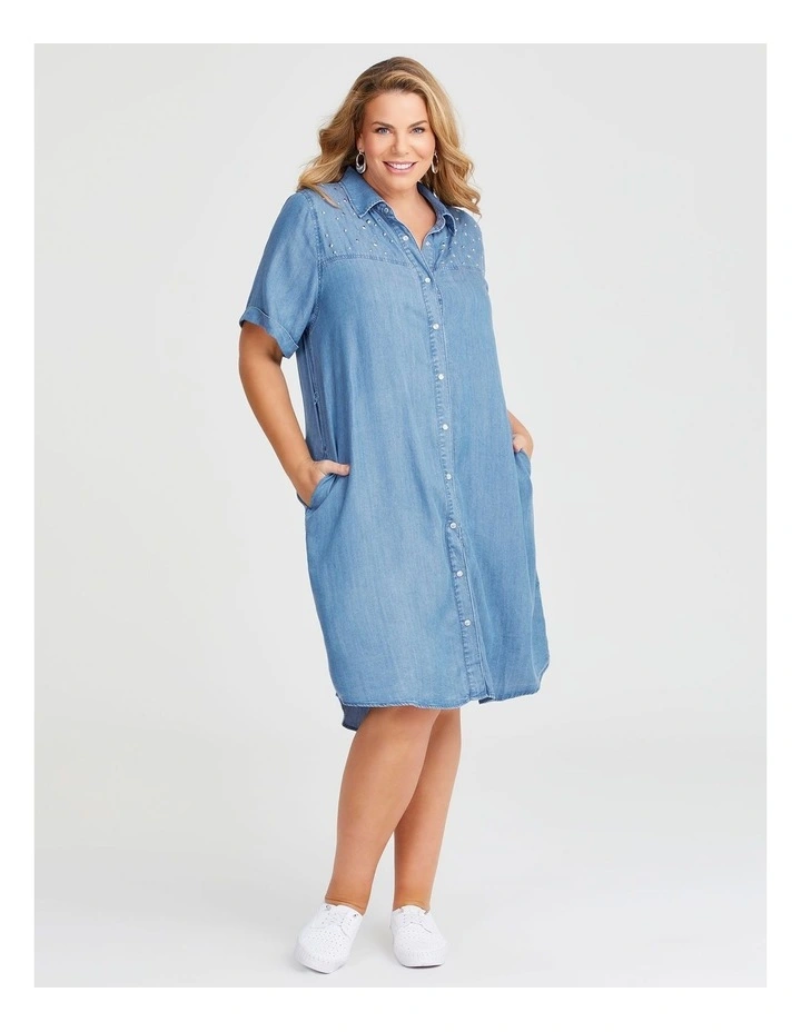 Chambray Embellished Dress in Ocean Blue image 4