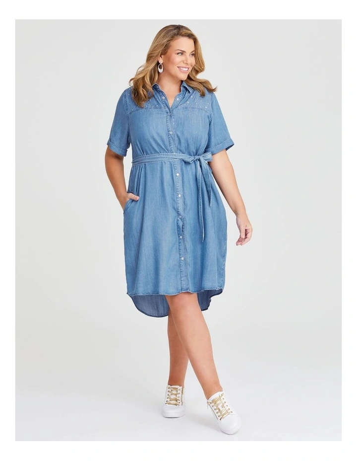 Chambray Embellished Dress in Ocean Blue image 5