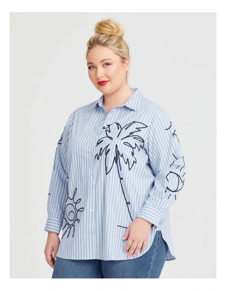 Cotton Stripe Embroidered Shirt in Powder Blue/White image 1