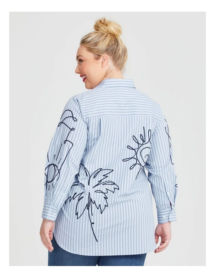 Cotton Stripe Embroidered Shirt in Powder Blue/White image 2