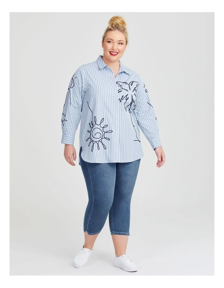 Cotton Stripe Embroidered Shirt in Powder Blue/White image 3