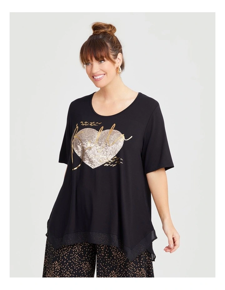 Sequin & Foil Detail Natural Top in Black image 1