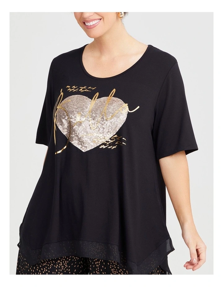 Sequin & Foil Detail Natural Top in Black image 3