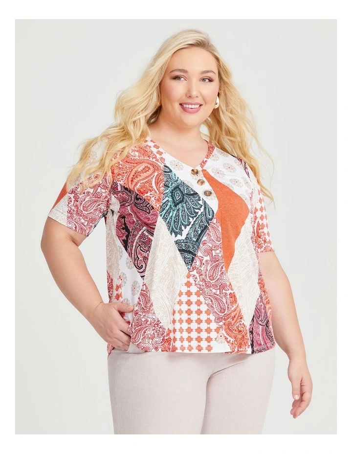 Patchwork Button Front Luna Top in White/Rust image 1