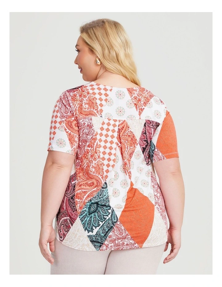 Patchwork Button Front Luna Top in White/Rust image 2