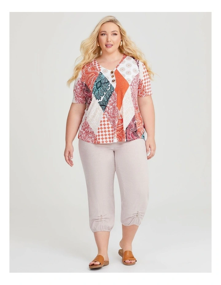 Patchwork Button Front Luna Top in White/Rust image 3