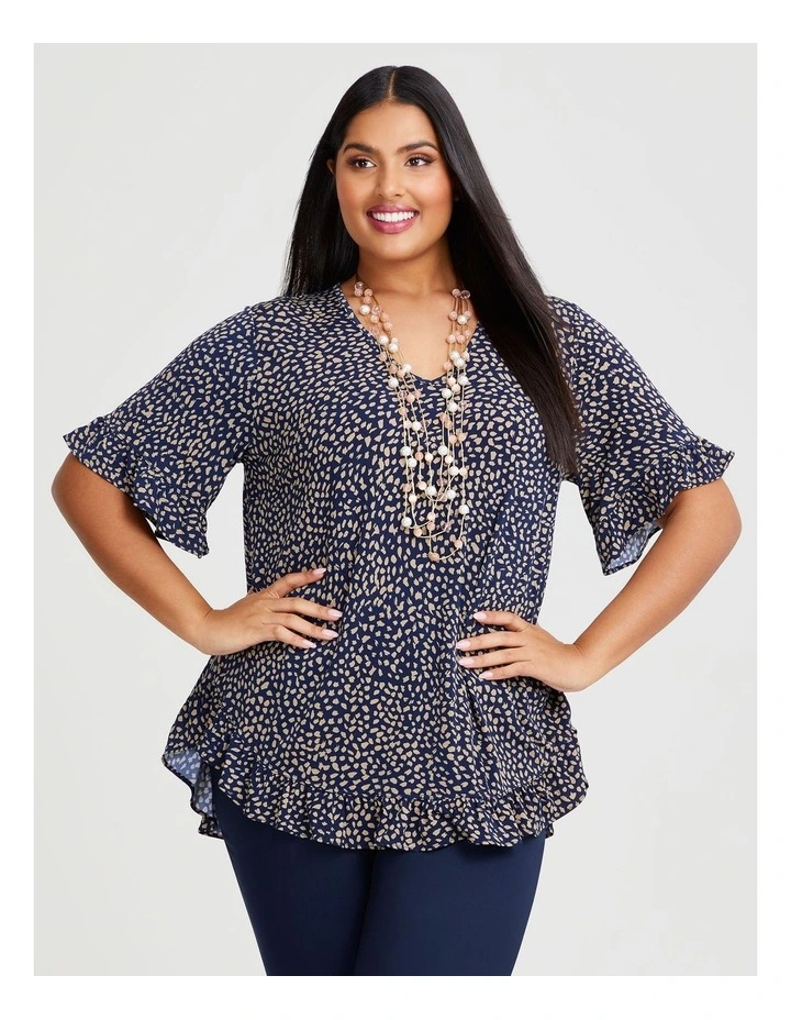 Salsa Pebble Luna V-neck Ruffle Top in Taupe/navy Spot image 1