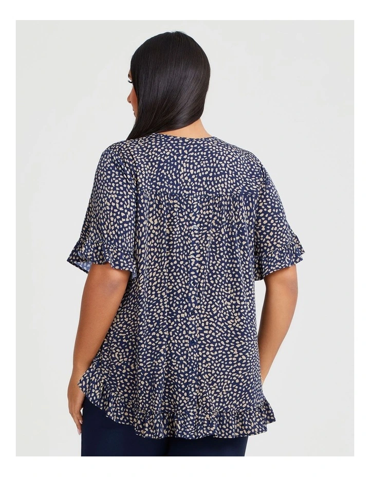 Salsa Pebble Luna V-neck Ruffle Top in Taupe/navy Spot image 2