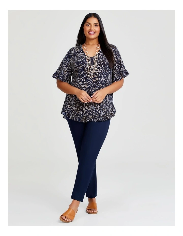 Salsa Pebble Luna V-neck Ruffle Top in Taupe/navy Spot image 4